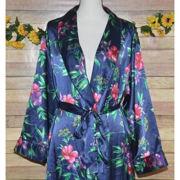 Go Softly Silky Blue Floral Long Maxi Robe Belted Ladies M Lounge Vacation - Picture 2 of 10